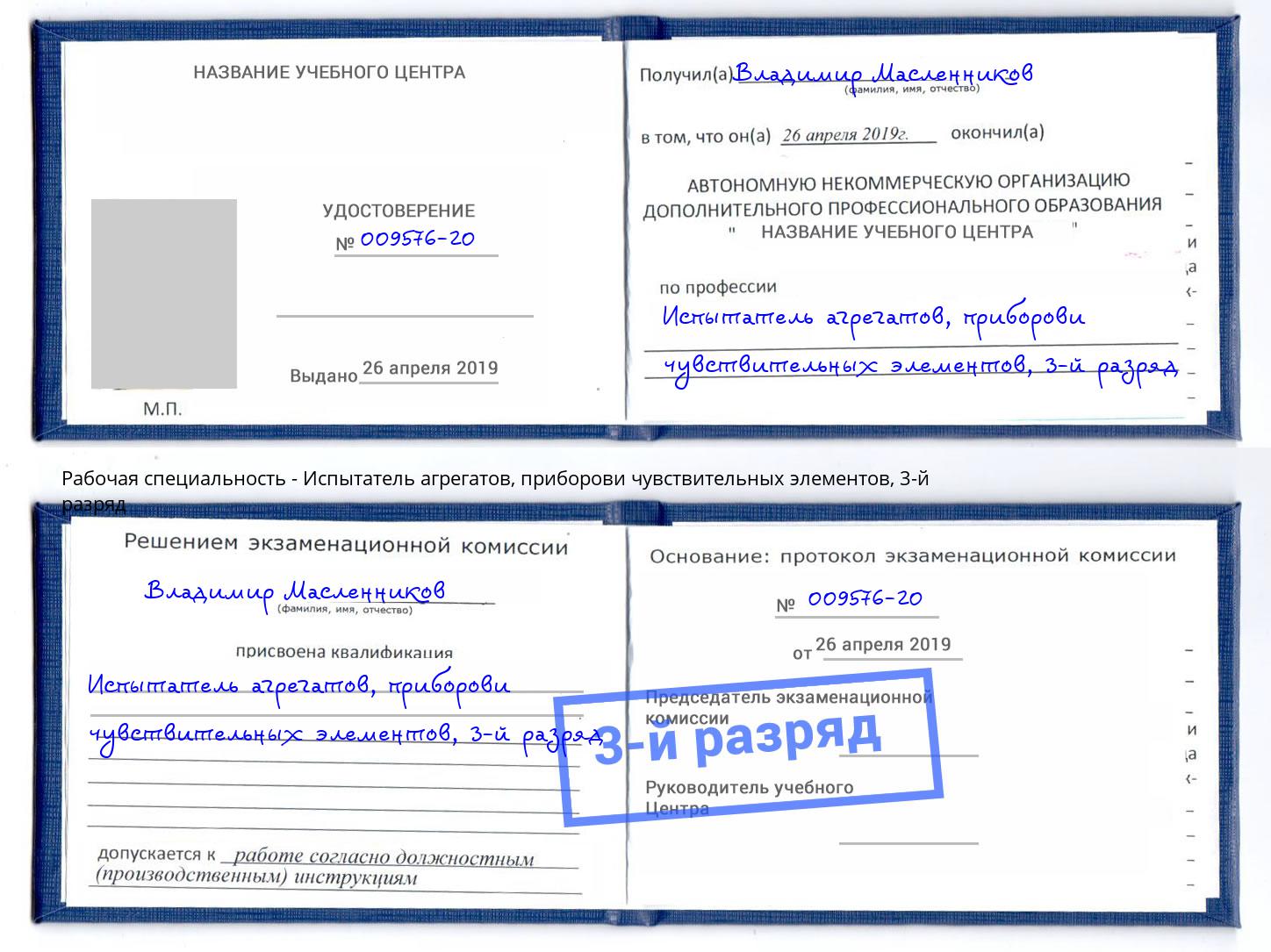 корочка 3-й разряд Испытатель агрегатов, приборови чувствительных элементов Юрга