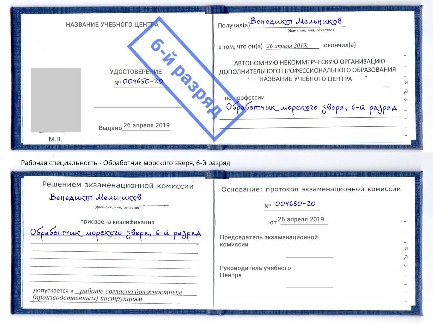 корочка 6-й разряд Обработчик морского зверя Юрга
