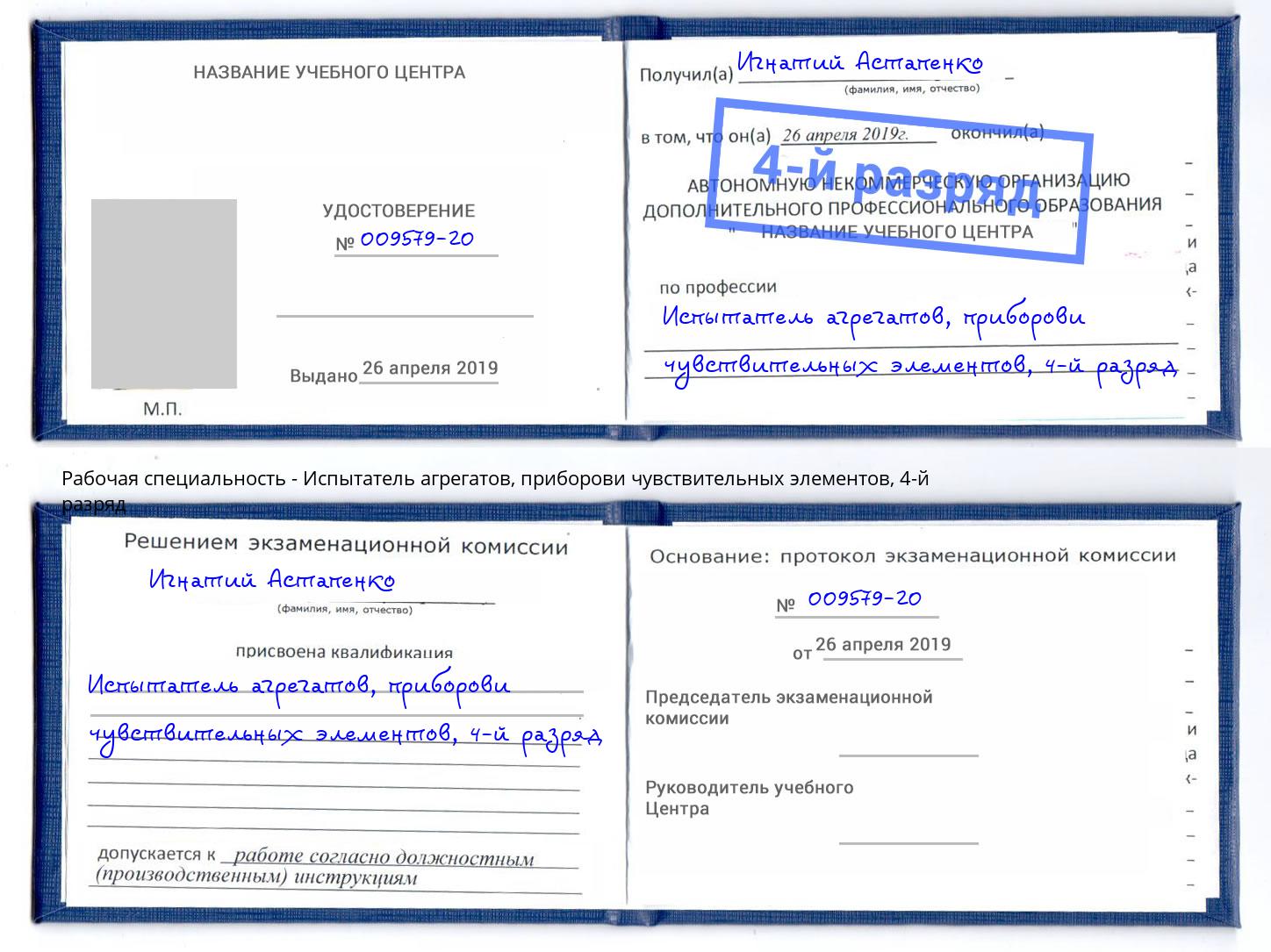 корочка 4-й разряд Испытатель агрегатов, приборови чувствительных элементов Юрга