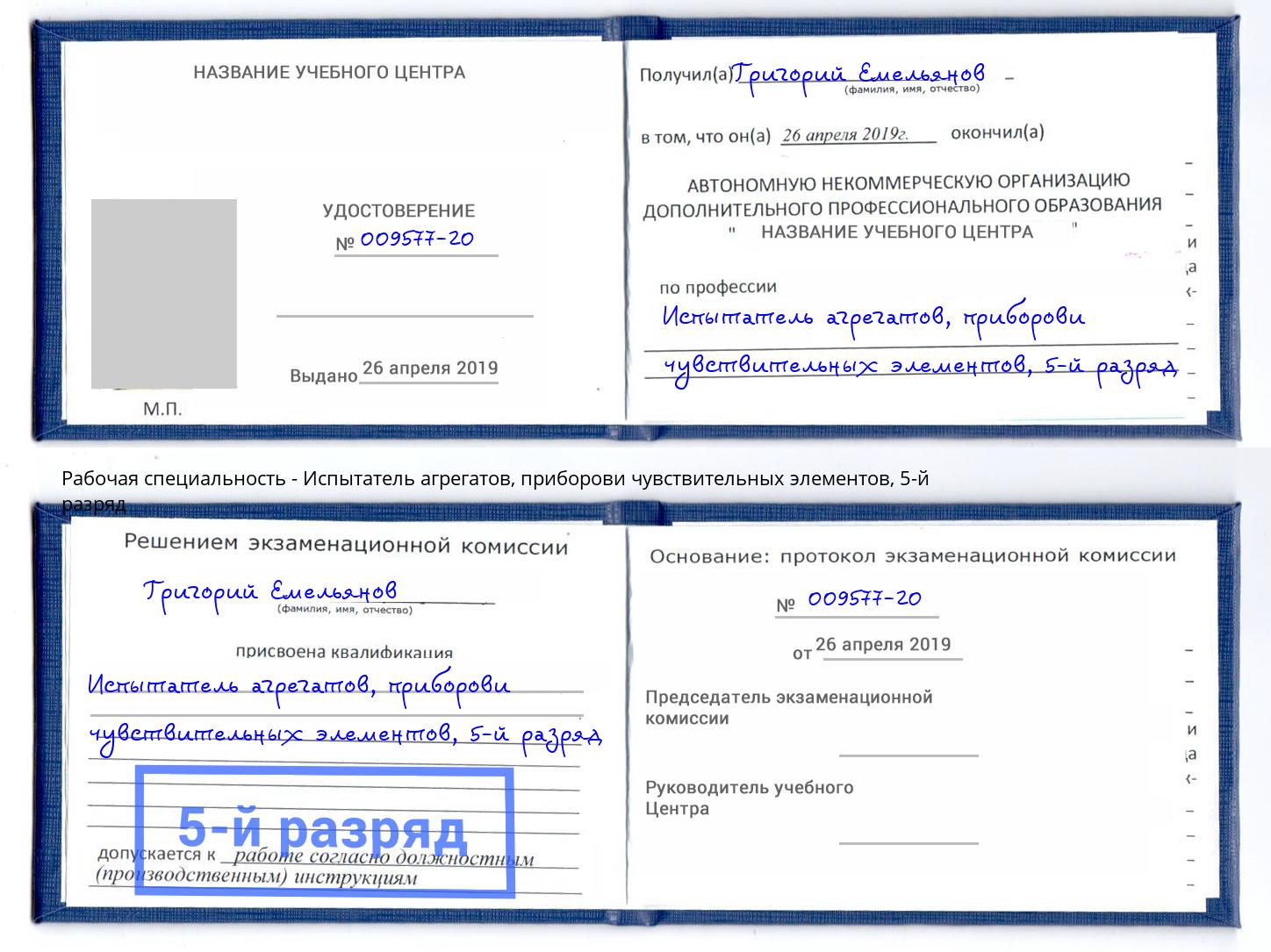 корочка 5-й разряд Испытатель агрегатов, приборови чувствительных элементов Юрга