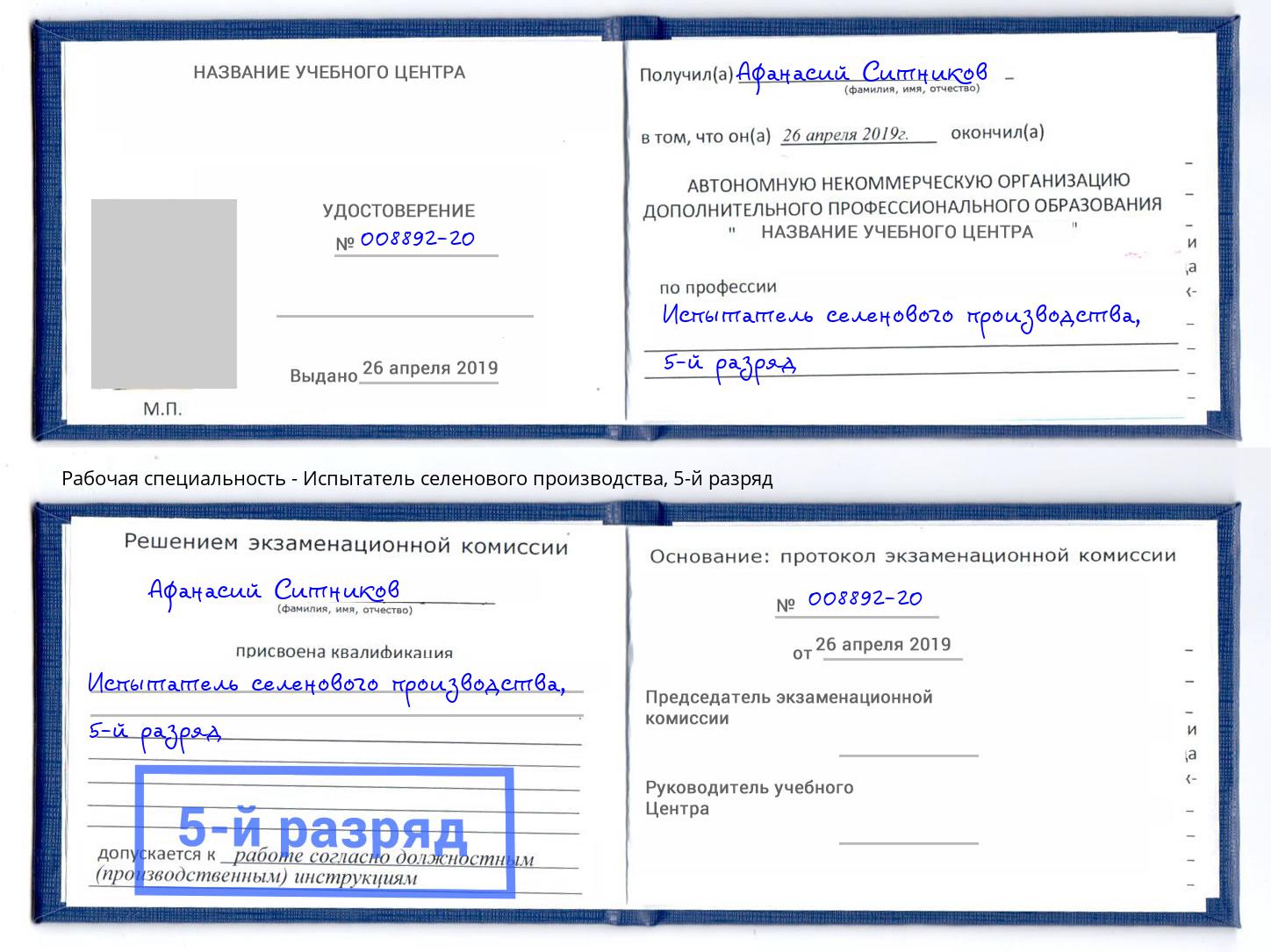 корочка 5-й разряд Испытатель селенового производства Юрга