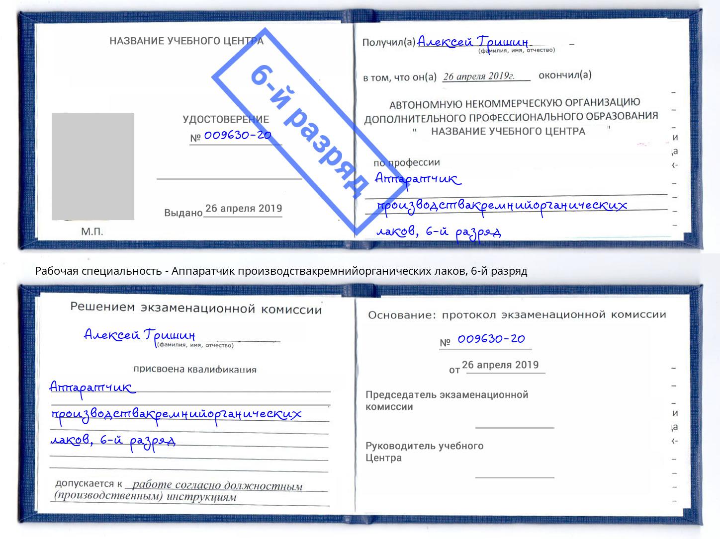 корочка 6-й разряд Аппаратчик производствакремнийорганических лаков Юрга