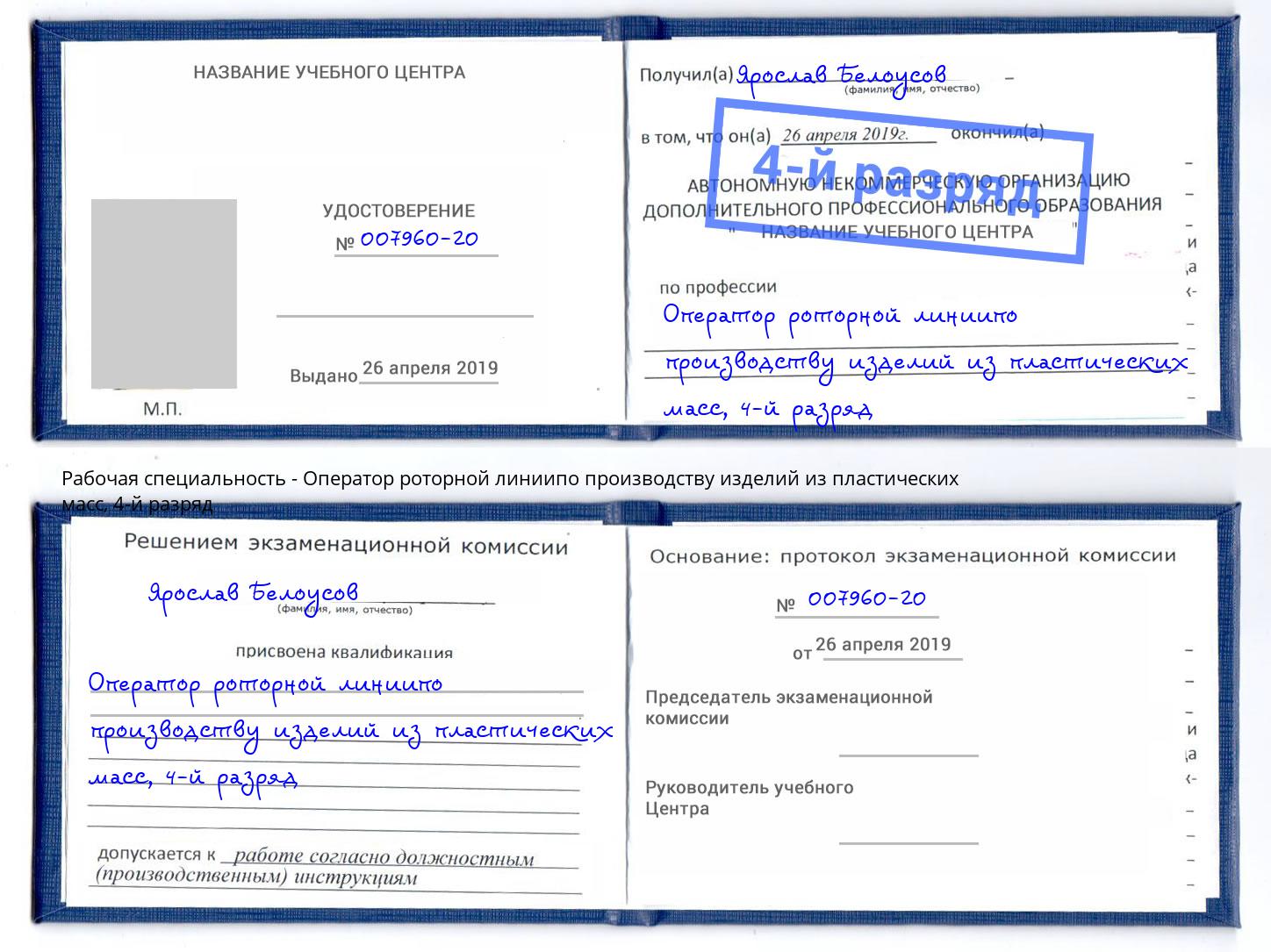 корочка 4-й разряд Оператор роторной линиипо производству изделий из пластических масс Юрга