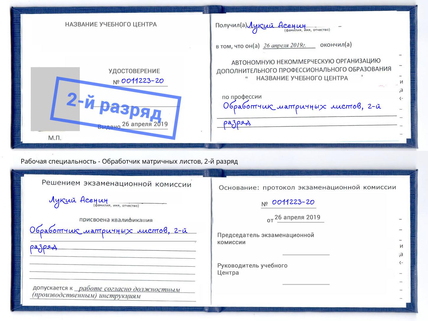 корочка 2-й разряд Обработчик матричных листов Юрга