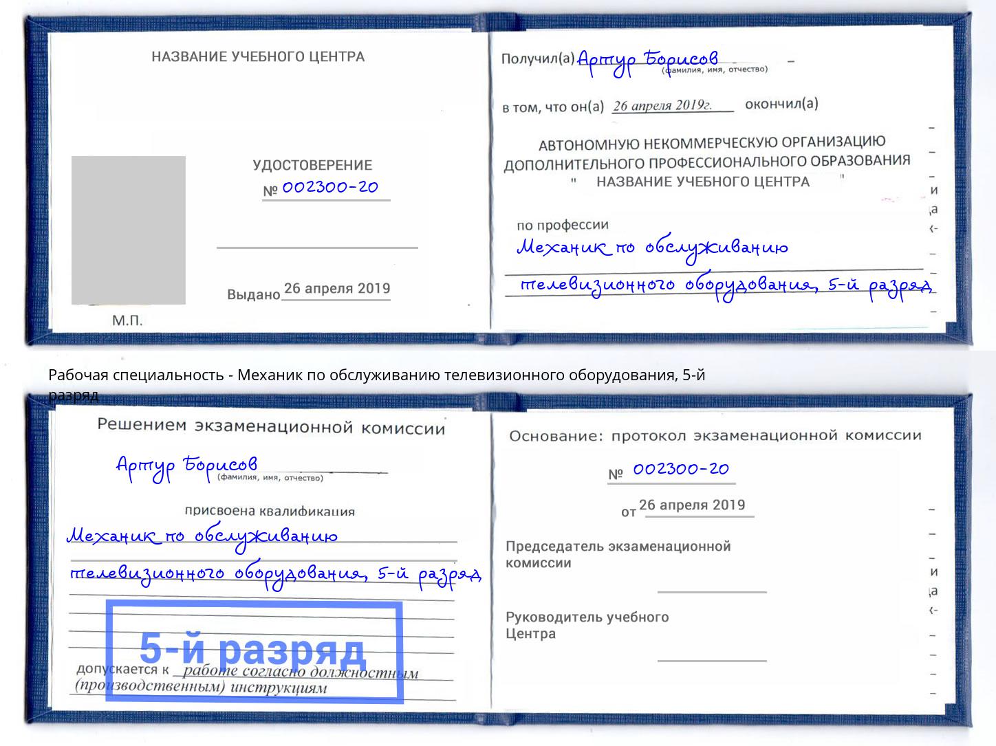 корочка 5-й разряд Механик по обслуживанию телевизионного оборудования Юрга